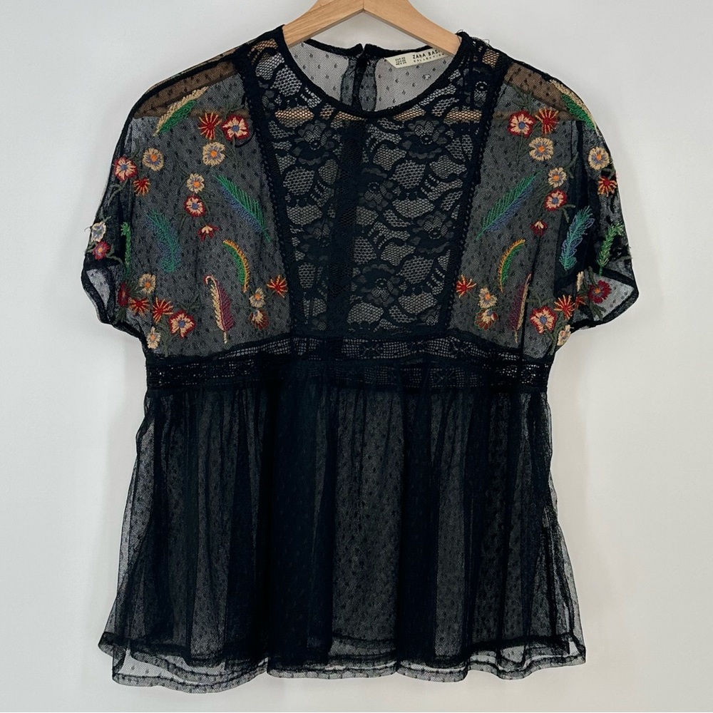 ZARA Basic Black Tulle Lace Peplum Top Overlay Embroidered Flowers Size XS